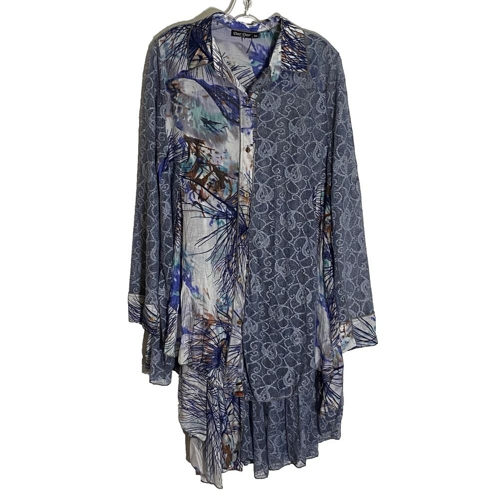 Dor Dor Couture Top Womens XL Blue Multi Floral Sheer Classy Modest Pentecostal